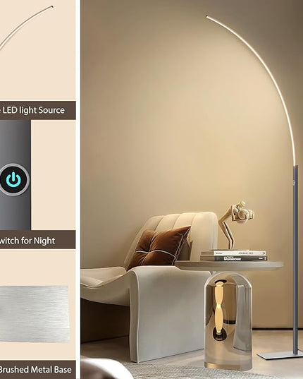 Arc Corner Floor Lamp - 3000K Warm White & 3 Brightness Presets - Curved LED Standing Lamp with Touch Switch - 63" Modern Floor Lamp for Living Room, Bedroom (Silver) - LeafyLoom