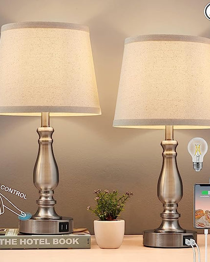 Lamps for Bedrooms Set of 2, Brushed Nickel Bedside Lamps with USB Ports, 3 Way Dimmable Nightstand Lamps with Fabric Lampshade, Touch Table Lamp for Living Room Bedroom Office, Bulbs Included - LeafyLoom