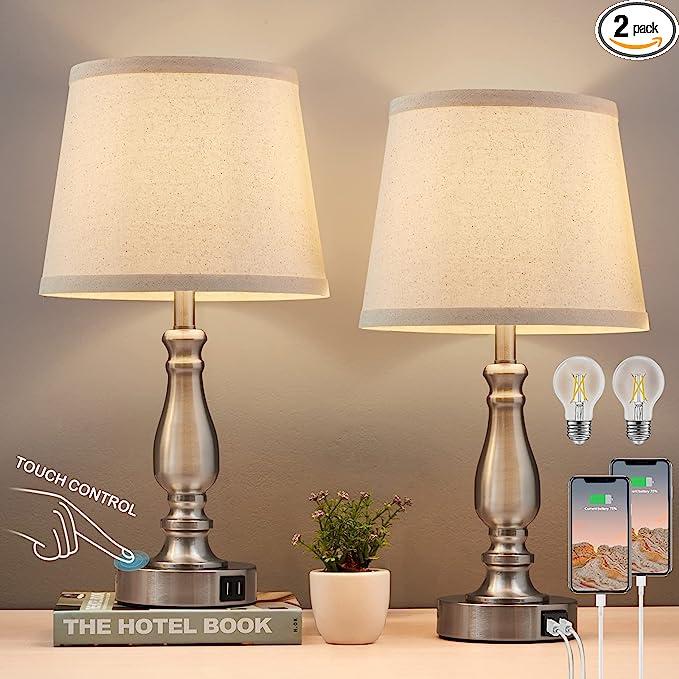 Lamps for Bedrooms Set of 2, Brushed Nickel Bedside Lamps with USB Ports, 3 Way Dimmable Nightstand Lamps with Fabric Lampshade, Touch Table Lamp for Living Room Bedroom Office, Bulbs Included - LeafyLoom
