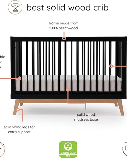dadada Baby Soho 3-in-1 Convertible Crib to Toddler Bed – Wooden Crib Made in Italy, GREENGUARD Gold Certified Small Baby Crib – Baby-Safe Finish, Modern Design (Black/Natural) - LeafyLoom
