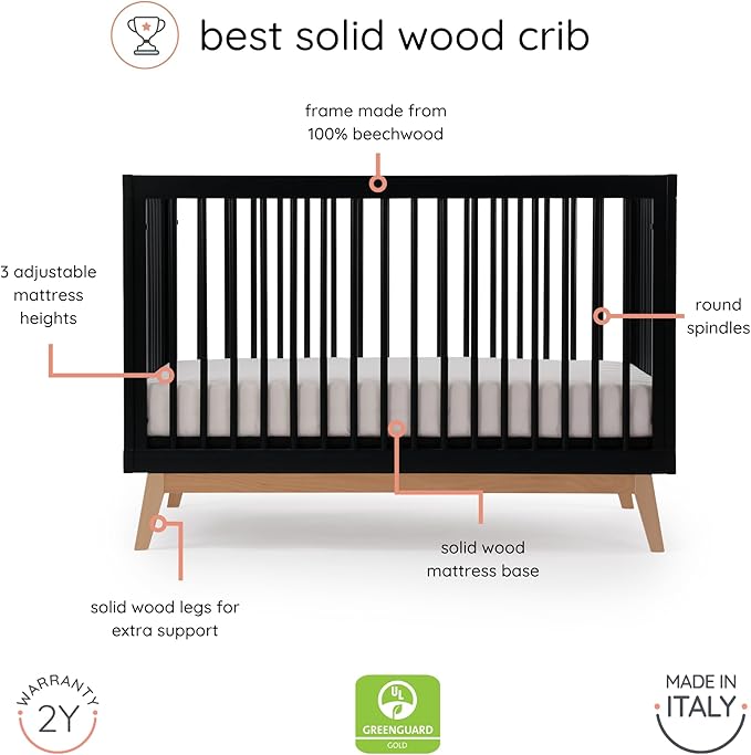dadada Baby Soho 3-in-1 Convertible Crib to Toddler Bed – Wooden Crib Made in Italy, GREENGUARD Gold Certified Small Baby Crib – Baby-Safe Finish, Modern Design (Black/Natural) - LeafyLoom