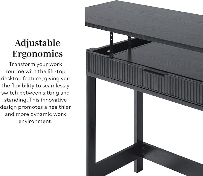 Walker Edison Office Writing and Computer Desk Spacious Desktop, Complementary in Living Spaces, 38 Inch, Reeded Lift-Top Black - LeafyLoom