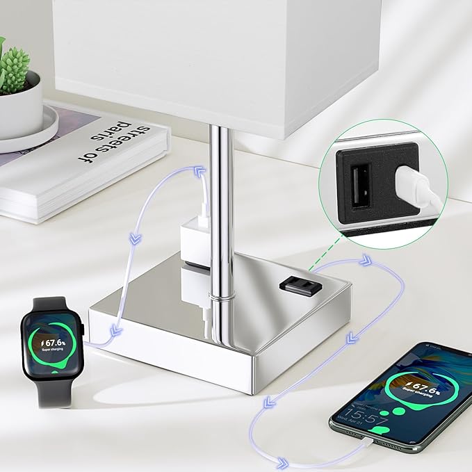 Touch Bedside Table Lamp For Nightstand - 3-Way Dimmable Night Lamp with USB A + Type C Charging Ports and two AC Outlets, Small Desk Light with E26 LED Bulb for Bedroom Living Room, WHITE PLUS - LeafyLoom