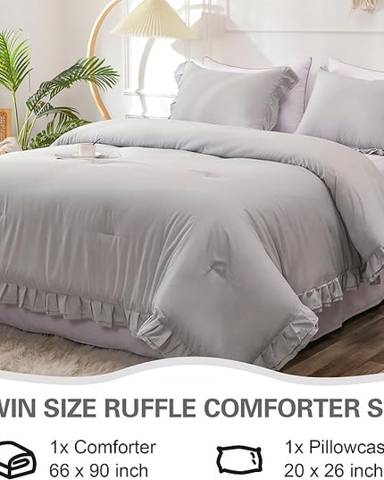 Gray Double Ruffle Comforter Set Twin Size (66x90 Inch), 2 Pcs Grey Farmhouse Vintage Comforter Set (1 Ruffled Comforter and 1 Pillowcase), Rustic All Season Down Alternative Bedding Set - LeafyLoom