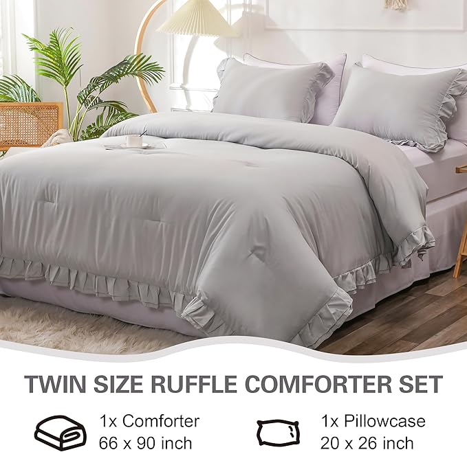 Gray Double Ruffle Comforter Set Twin Size (66x90 Inch), 2 Pcs Grey Farmhouse Vintage Comforter Set (1 Ruffled Comforter and 1 Pillowcase), Rustic All Season Down Alternative Bedding Set - LeafyLoom