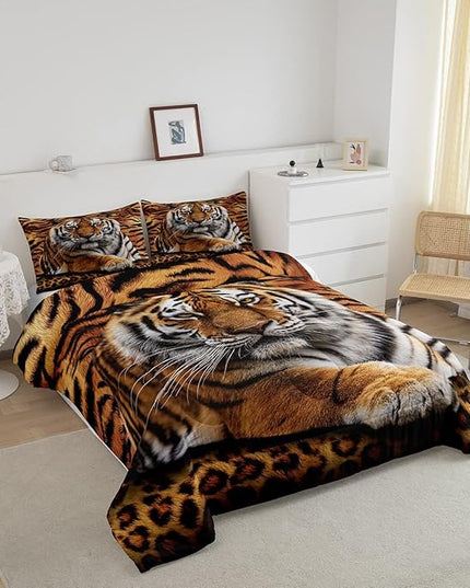 Tiger 3D Print Comforter Set Full Size Wild Animals Bedding Set 3pcs for Kids Teens Room Decor,Animal Fur Quilt Set Soft Breathable Duvet Insert with 2 Pillowcases - LeafyLoom
