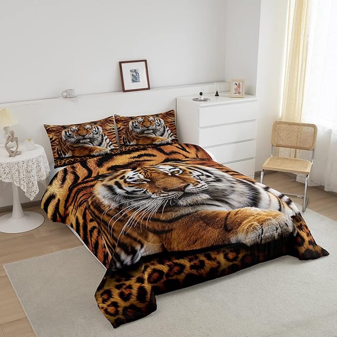 Tiger 3D Print Comforter Set Full Size Wild Animals Bedding Set 3pcs for Kids Teens Room Decor,Animal Fur Quilt Set Soft Breathable Duvet Insert with 2 Pillowcases - LeafyLoom