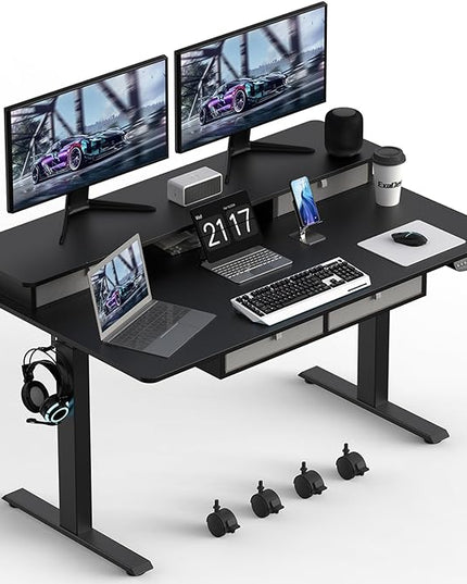 Electric Standing Widened Desk 63 * 30 Inches Adjustable Height with 4 Drawers, Double Storage Shelves Stand Up Desk, Home Office Workstation Sit Stand up Desk (Classical Black) - LeafyLoom