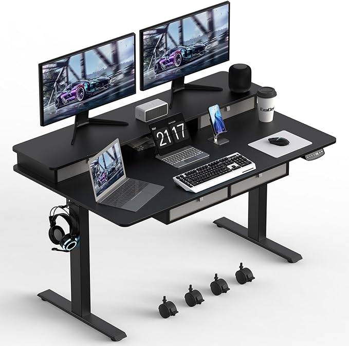 Electric Standing Widened Desk 63 * 30 Inches Adjustable Height with 4 Drawers, Double Storage Shelves Stand Up Desk, Home Office Workstation Sit Stand up Desk (Classical Black) - LeafyLoom