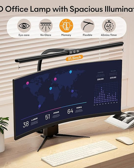 Hokone Desk Lamps for Home Office, 31.5" Wide Architect Desk Lamp with Clamp, Tall Office Lamp Dimmable, Black Desk Light with Timer, Bright Gooseneck Lamp for Workbench/Desktop - LeafyLoom