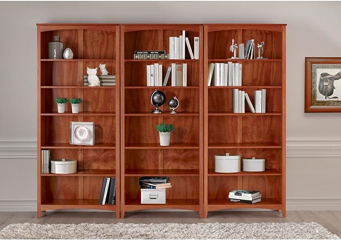 Camaflexi Shaker Style 6 Shelf Bookcase / Solid Wood / 72 inch Tall / Adjustable Shelving / Closed Back / Display Bookshelf for Living Room, Bedroom, Home and Office, Cherry - LeafyLoom