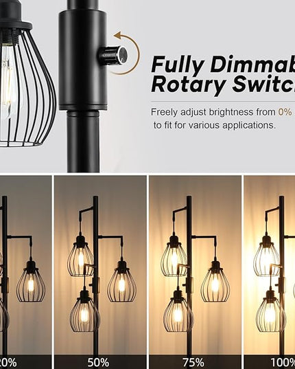 68.5” Dimmable Floor Lamp, Industrial Farmhouse Floor Lamps with Elegant Teardrop Cages, Rustic Floor Lamps Black Tall Vintage Pole Lamps for Living Room Bedroom Office, 3 LED Bulbs Included - LeafyLoom