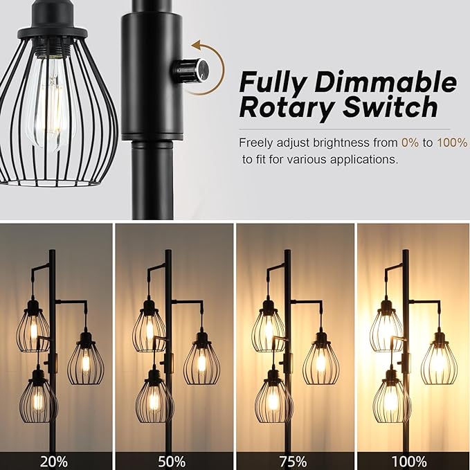 68.5” Dimmable Floor Lamp, Industrial Farmhouse Floor Lamps with Elegant Teardrop Cages, Rustic Floor Lamps Black Tall Vintage Pole Lamps for Living Room Bedroom Office, 3 LED Bulbs Included - LeafyLoom