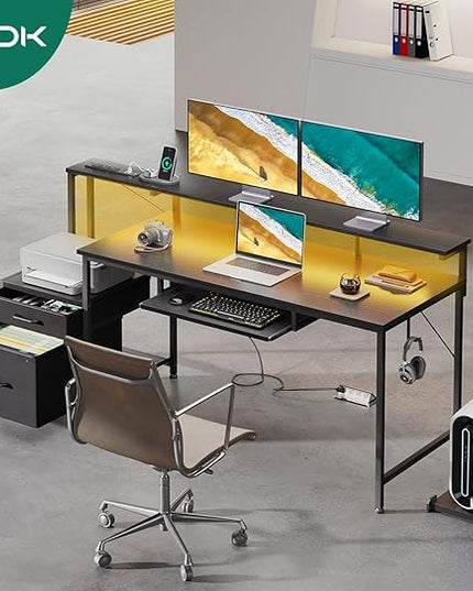 AODK 63 Inch Gaming Desk with Power Outlet & LED Light, Reversible Computer Desk with File Cabinet and Fabric Drawer, Office Desk with Keyboard Tray, Table with Full Monitor Riser and PC Stand, Black - LeafyLoom