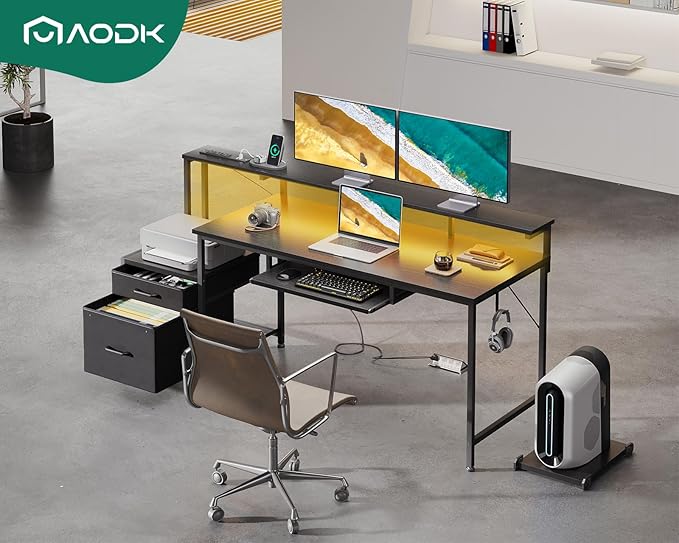 AODK 63 Inch Gaming Desk with Power Outlet & LED Light, Reversible Computer Desk with File Cabinet and Fabric Drawer, Office Desk with Keyboard Tray, Table with Full Monitor Riser and PC Stand, Black - LeafyLoom