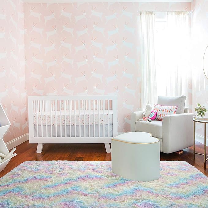 AROGAN Soft Rainbow Area Rugs for Girls Room 5x8 Feet, Fluffy Girls Bedroom Rugs, Princess Rug, Cute Colorful Carpet for Kids Teens Nursery Toddler, Pink - LeafyLoom