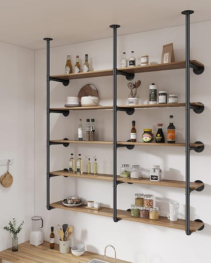 Pynsseu Industrial Iron Pipe Shelf Wall Mount, Farmhouse DIY Open Bookshelf, Pipe Shelves for Kitchen Bathroom, bookcases Living Room Storage, 3Pack of 5 Tier. - LeafyLoom