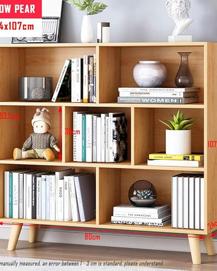 IOTXY Wooden Open Shelf Bookcase - 3-Tier Floor Standing Display Cabinet Rack with Legs, 7 Cubes Bookshelf, Pear Yellow - LeafyLoom