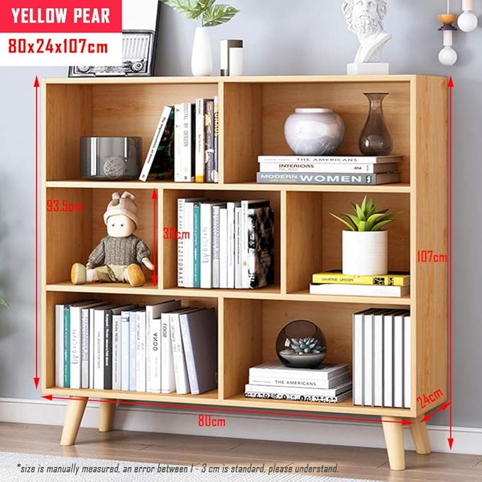 IOTXY Wooden Open Shelf Bookcase - 3-Tier Floor Standing Display Cabinet Rack with Legs, 7 Cubes Bookshelf, Pear Yellow - LeafyLoom