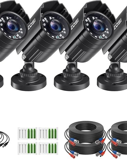 ZOSI 4 Pack 1080P 1920TVL Home Security Cameras Outdoor Indoor, Night Vision, IP66 Weatherproof 2MP Surveillance Camera, Work For 720P/1080P/5MP/4K HD-TVI,AHD,CVI analog CCTV DVR System (Black) ZOSI