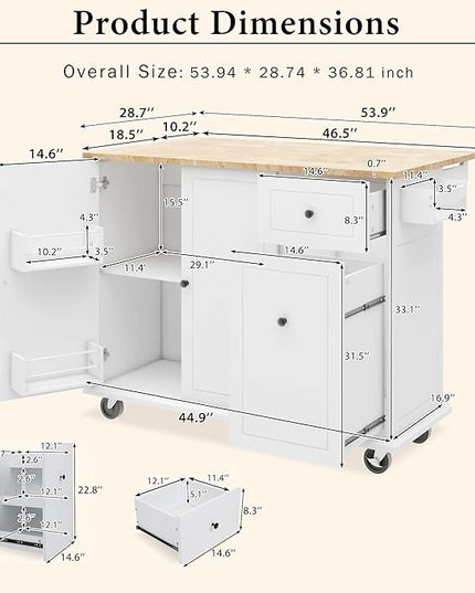 53.9" Drop Leaf, Rolling Island on Wheels w/Drawer and 3-Tier Pull Out Cabinet Organizer, Kitchen Storage Cart with Spice, Towel Rack, White, 53.94 Inch - LeafyLoom