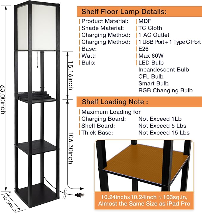 SHINE HAI 3-in-1 Shelf Floor Lamp with 1 USB&Type C&1 AC Outlet, 3-Tiered LED Shelf Lamp, Shelf & Storage Floor Lamp Combination Modern Standing Light - LeafyLoom