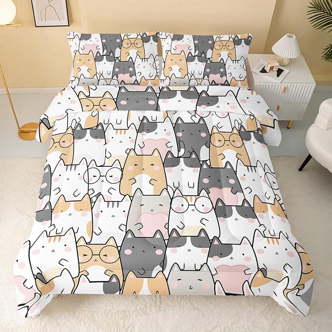 Kawaii Cat Comforter Queen Size,Cats Comforter Set for Kids Teens Girls Boys,3Pcs Bedding Set Printed Comforter with 2 Pillowcases,Down Alternative,Soft and Lightweight，Queen Size - LeafyLoom