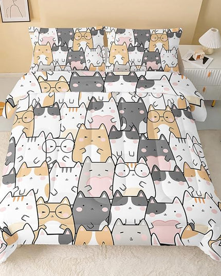 Kawaii Cat Comforter Full Size,Cats Comforter Set for Kids Teens Girls Boys,3Pcs Bedding Set Printed Comforter with 2 Pillowcases,Down Alternative,Soft and Lightweight，Full Size - LeafyLoom