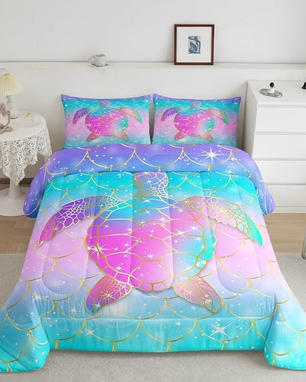 Erosebridal Mermaid Scales Comforter Set for Girls, Tortoise Reptile Bedding Set Twin Size, Sea Turtle Ocean Life Duvet Sets for Kids Children Boys Women, Sweet Girly Down Comforter, Teal Blue - LeafyLoom