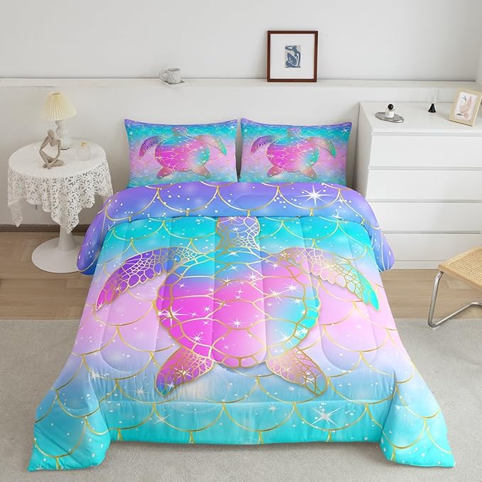 Erosebridal Mermaid Scales Comforter Set for Girls, Tortoise Reptile Bedding Set Full Size, Sea Turtle Ocean Life Duvet Sets for Kids Children Boys Women, Sweet Girly Down Comforter, Teal Blue - LeafyLoom