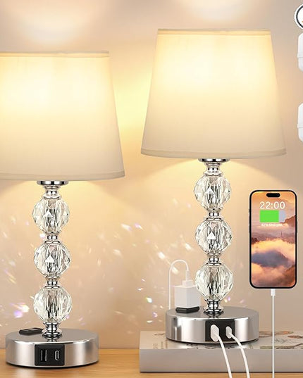 Acaxin Bedside Lamps for Bedrooms Set of 2 Nightstand- Crystal Table Lamps with USB C+A Ports & AC Outlet for Charging, 3 Way Dimmable Touch Silver Small Bed Side Lamp for Living Room/Guest Room - LeafyLoom