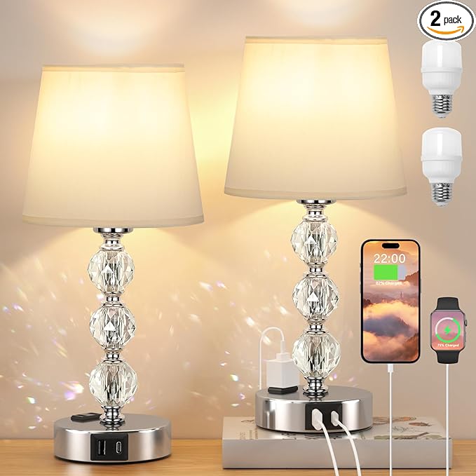 Acaxin Bedside Lamps for Bedrooms Set of 2 Nightstand- Crystal Table Lamps with USB C+A Ports & AC Outlet for Charging, 3 Way Dimmable Touch Silver Small Bed Side Lamp for Living Room/Guest Room - LeafyLoom
