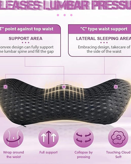 Lumbar Support Pillow - Memory Foam for Low Back Pain Relief, Ergonomic Streamline Car Seat, Office Chair, Recliner and Bed (Upgrade Black) - LeafyLoom
