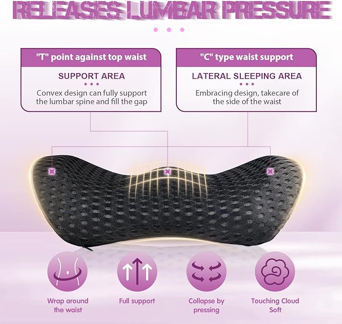 Lumbar Support Pillow - Memory Foam for Low Back Pain Relief, Ergonomic Streamline Car Seat, Office Chair, Recliner and Bed (Upgrade Black) - LeafyLoom