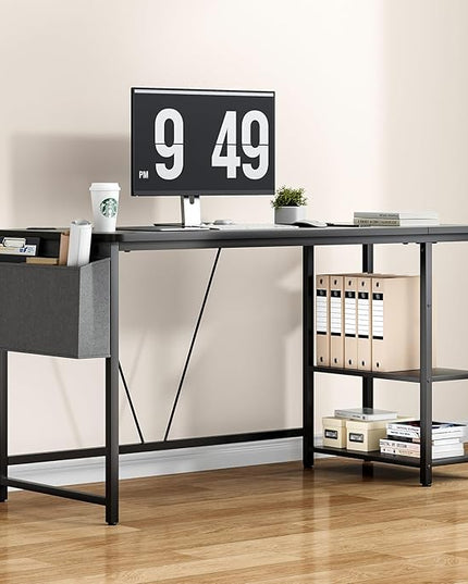 Computer Desk, 55” Home Office Desks, Modern Small Desk for Bedroom, Gaming Desk with Iron Hook and Height Adjustable Feet, Sturdy Student Writing Desk with Storage Bag, Storage Shelves - LeafyLoom