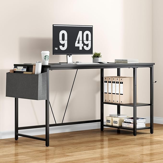 Computer Desk, 55” Home Office Desks, Modern Small Desk for Bedroom, Gaming Desk with Iron Hook and Height Adjustable Feet, Sturdy Student Writing Desk with Storage Bag, Storage Shelves - LeafyLoom