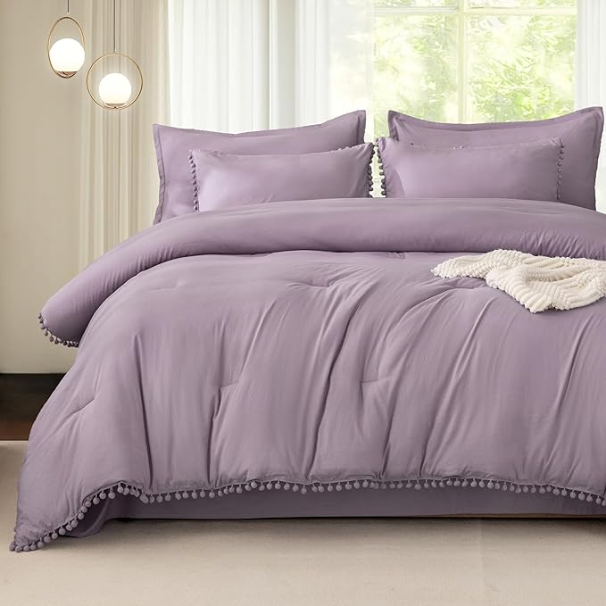 Litanika Queen Size Comforter Set Grey Purple,3 Pieces Grey Purple Boho Pom Pom Lightweight Bed Comforter, All Season Solid Color Bedding Comforter Sets (1 Comforter 90x90 Inch, 2 Pillowcases) - LeafyLoom