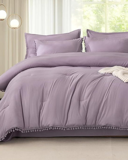 Litanika Comforter Full Size Set Grey Purple,3 Pieces Grey Purple Boho Pom Pom Lightweight Bed Comforter Full,All Season Solid Color Bedding Comforter Sets (1 Comforter 79x90 Inch, 2 Pillowcases) - LeafyLoom