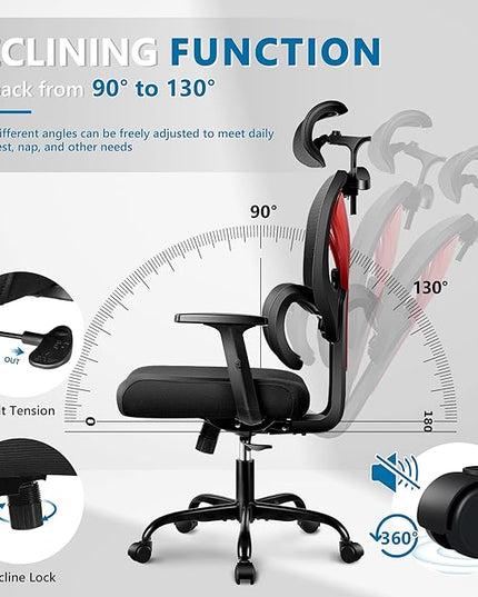Office Chair Ergonomic Desk Chair Comfy Computer Chair, Big and Tall Home Office Chair with Back Support, Mesh Office Chair High Back Gaming Chair with Adjustable Armrest (Red) - LeafyLoom