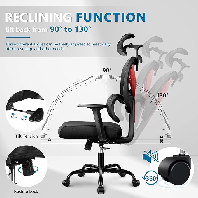 Office Chair Ergonomic Desk Chair Comfy Computer Chair, Big and Tall Home Office Chair with Back Support, Mesh Office Chair High Back Gaming Chair with Adjustable Armrest (Red) - LeafyLoom