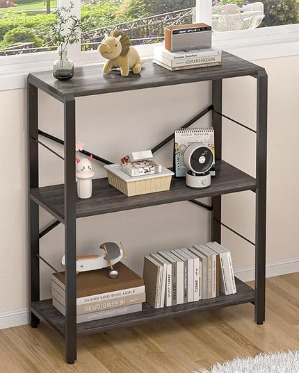 FOLUBAN Industrial Small Bookshelf, 3 Tier Low Short Book Shelf, Metal and Wood BookCase for Small Spaces, Bedroom Living Room, Dark Gray - LeafyLoom