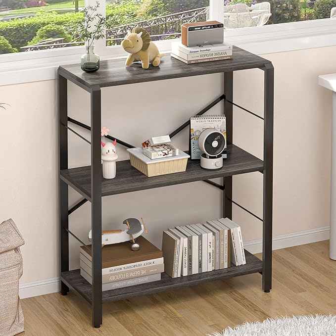 FOLUBAN Industrial Small Bookshelf, 3 Tier Low Short Book Shelf, Metal and Wood BookCase for Small Spaces, Bedroom Living Room, Dark Gray - LeafyLoom