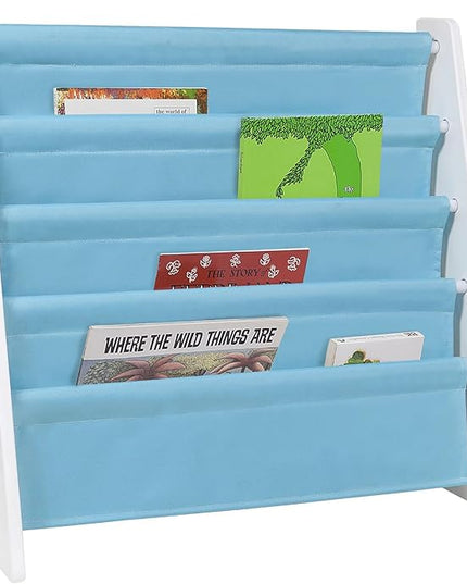 Wildkin Kids Canvas Sling Bookshelf for Boys and Girls, Wooden Design Features Four Fabric Shelves, Keep Bedrooms, Playrooms, and Classrooms Organized, an Ideal Kids Bookshelf (White w/Aqua) - LeafyLoom