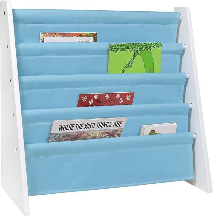Wildkin Kids Canvas Sling Bookshelf for Boys and Girls, Wooden Design Features Four Fabric Shelves, Keep Bedrooms, Playrooms, and Classrooms Organized, an Ideal Kids Bookshelf (White w/Aqua) - LeafyLoom