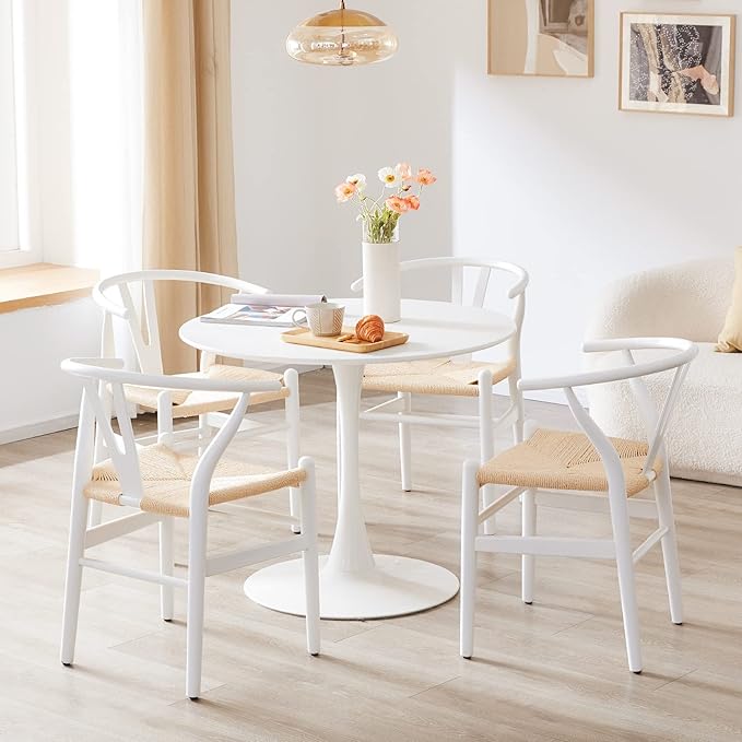 Farini Rattan Chairs for Dining Room Wishbone Chair Solid Wood Armchairs Y Shaped Backrest Hemp Seat for Home Restaurant Fully-Assembled(Set of 2,White-Beige Seat) - LeafyLoom