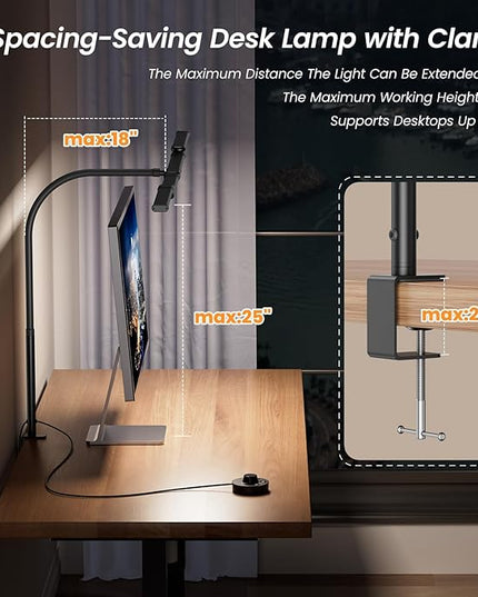 BOHON LED Desk Lamp for Home Office, 24W Architect Task Lamp with Clamp, Desktop Controller, 5 Color Stepless Dimming Table Light, Screen Computer Monitor Gooseneck Lamp for Reading Study Workbench - LeafyLoom