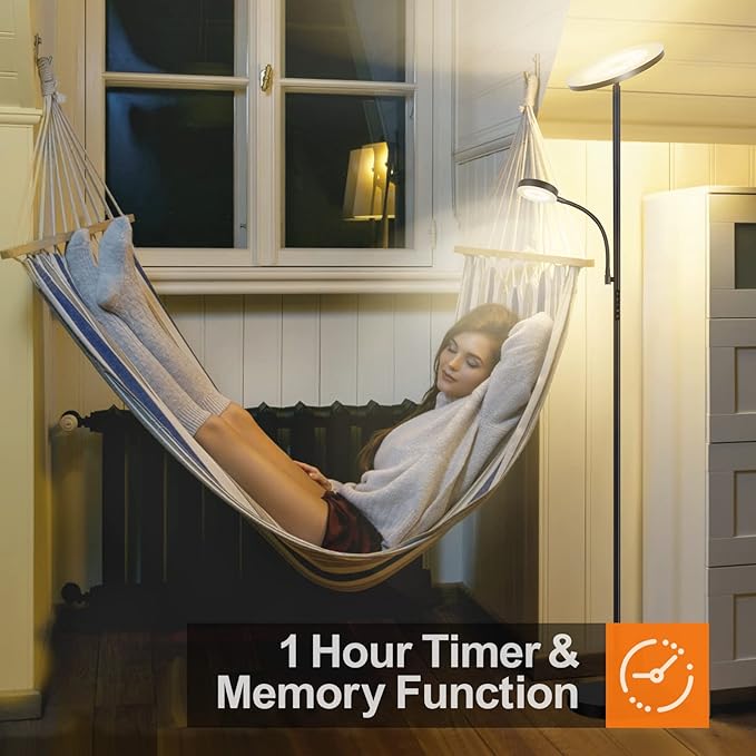OUTON LED Floor Lamp, 27W/2400LM Modern Torchiere Lamp & 7W/ 400LM Reading Lamp, Bright Dimmable Standing Tall Lamp with 4 Color Temperature, Remote Touch Control for Living Room Bedroom Office, Black - LeafyLoom