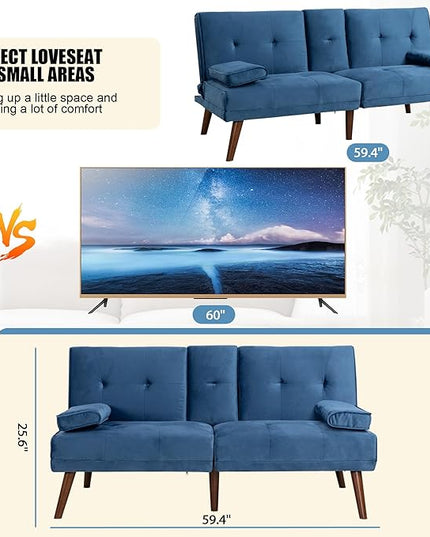 Shintenchi Futon Sofa Bed, Convertible Couch Bed Loveseat, Modern Futon Recliner Sleeper, Small Lazy Futon Set for Living Room, Office, Apartment, Blue - LeafyLoom