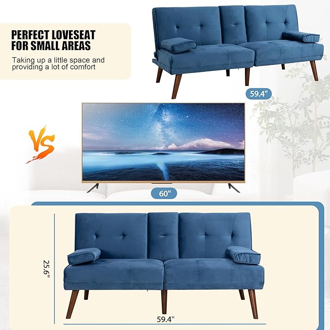 Shintenchi Futon Sofa Bed, Convertible Couch Bed Loveseat, Modern Futon Recliner Sleeper, Small Lazy Futon Set for Living Room, Office, Apartment, Blue - LeafyLoom