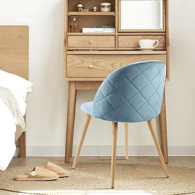 FurnitureR Upholstered Velvet Dining Chair Mid Back Armless with Wood Legs for Home Kitchen Bedroom Living Room, Set of 2, Sky Blue - LeafyLoom